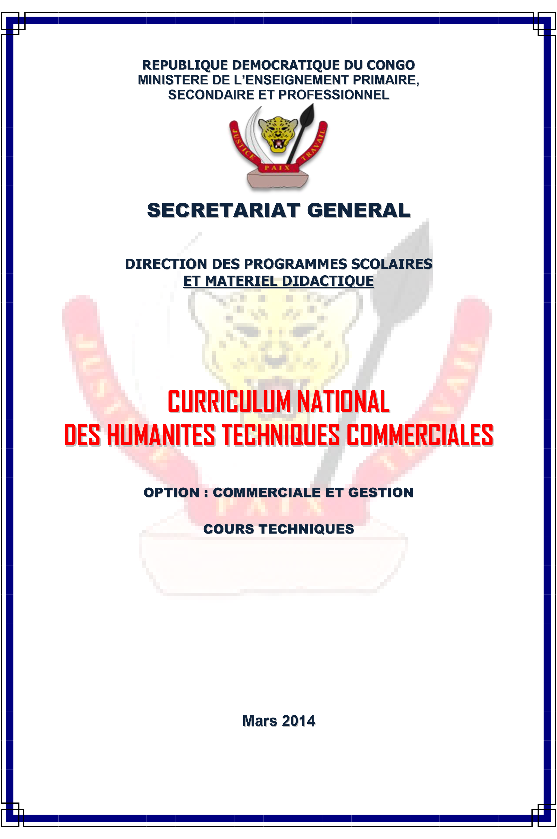 Curriculum national des humanités techniques commerciales (Option : Commerciale et Gestion)
