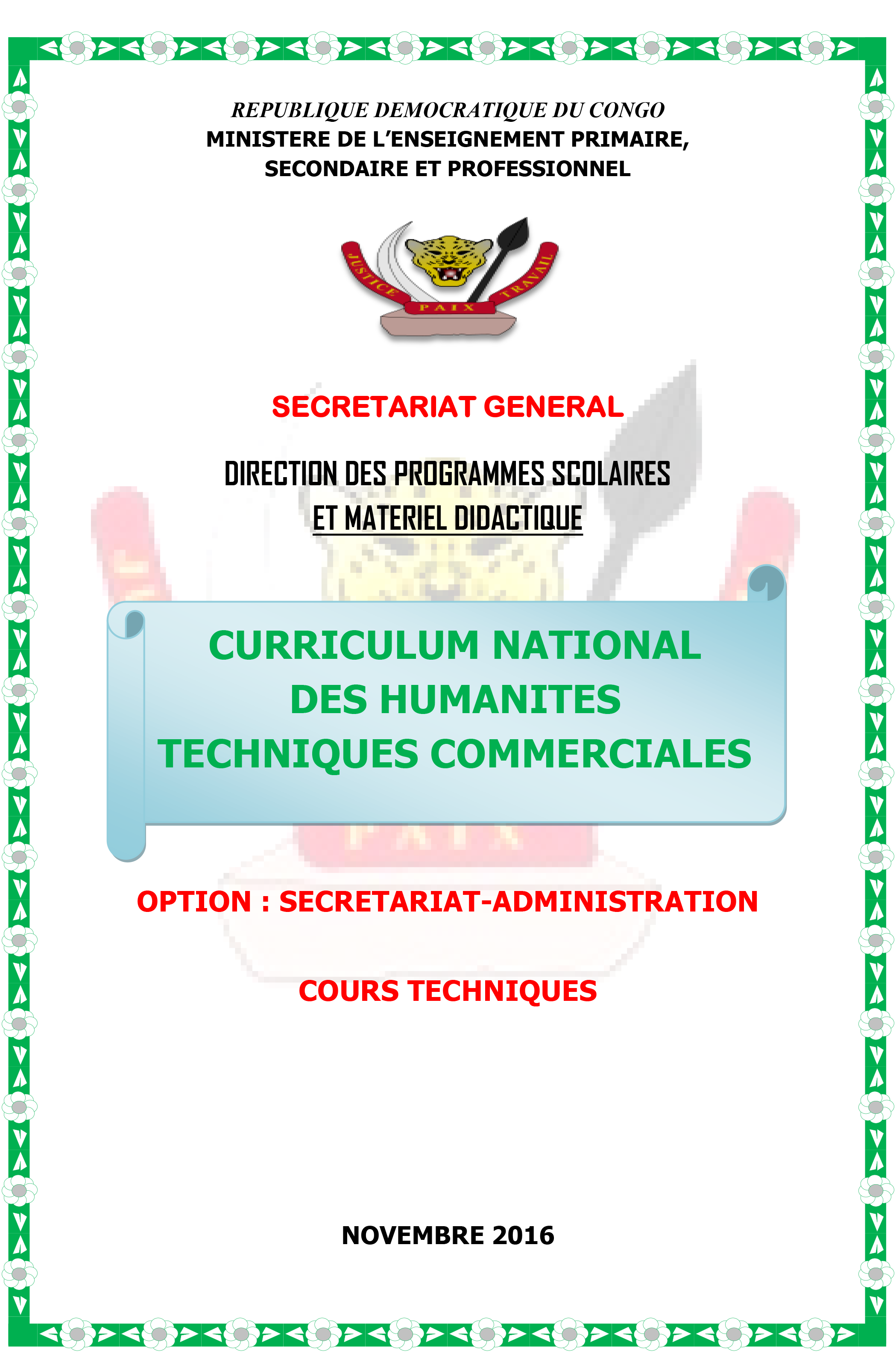 Curriculum national des humanités techniques commerciales (Option : Secrétariat-Administration)