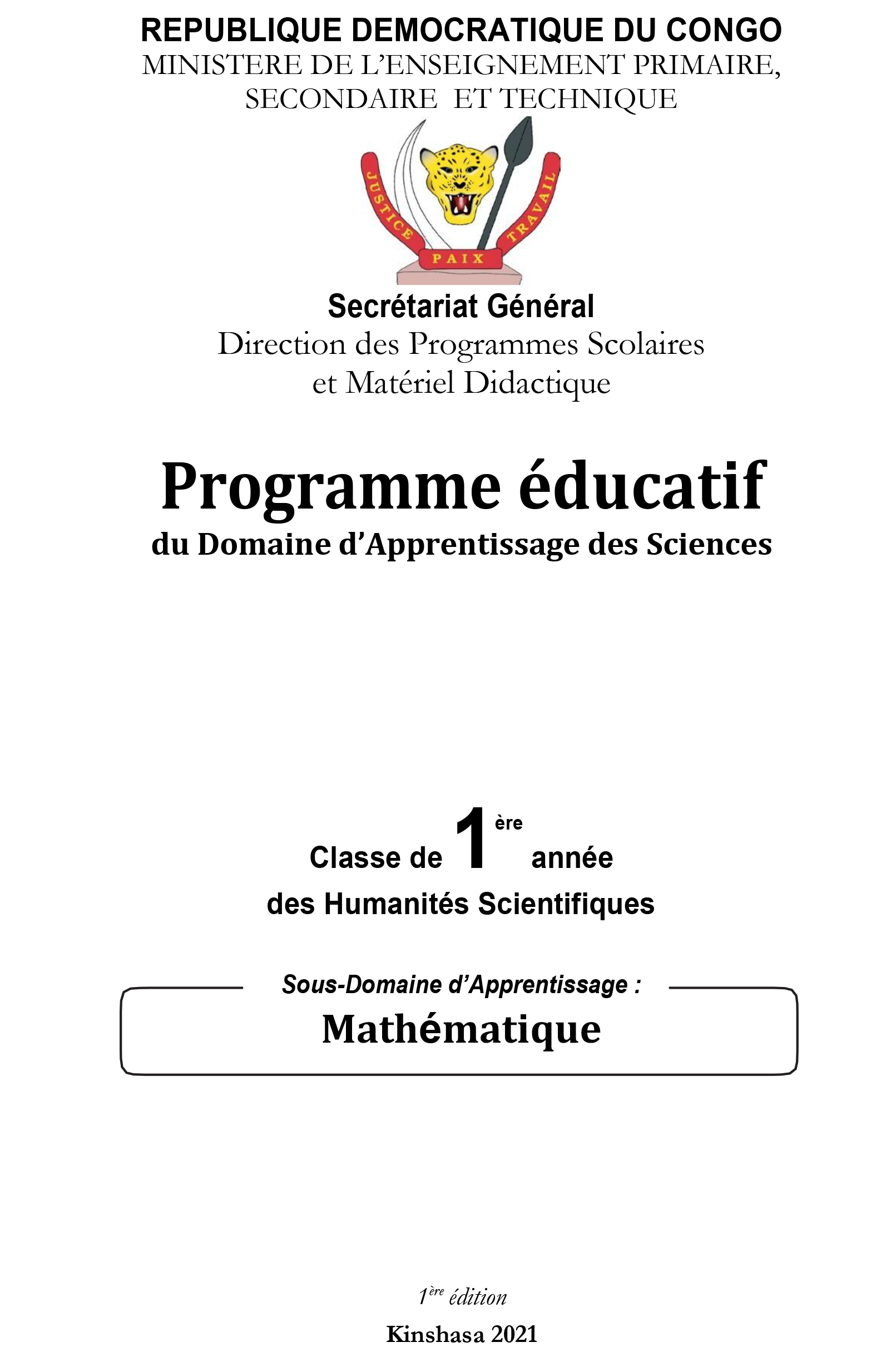 Programme éducatif du Domaine d’Apprentissage des Sciences : Mathématique (Classe de 1 ère année des Humanités Scientifiques)