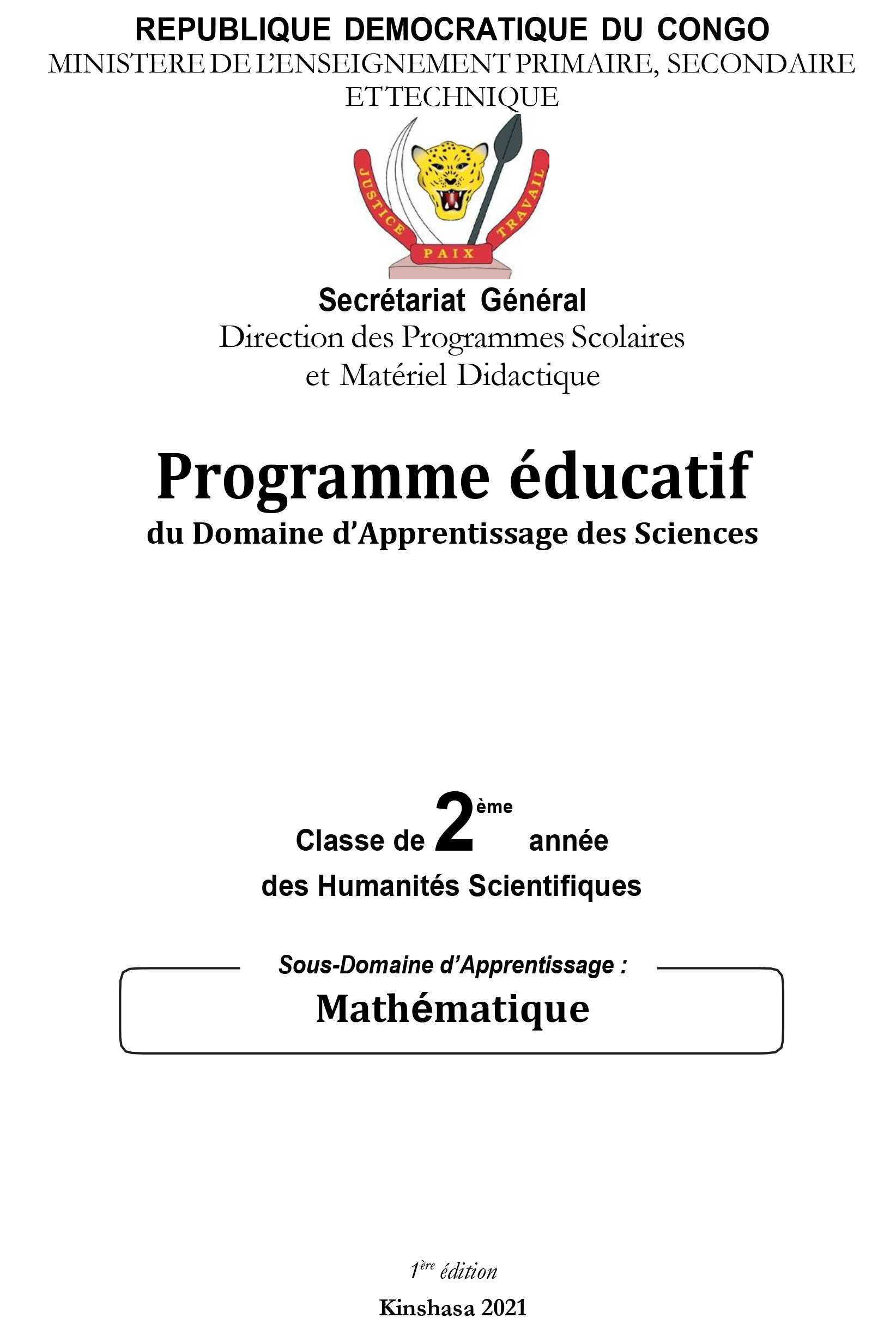 Programme éducatif du Domaine d’Apprentissage des Sciences : Mathématique (Classe de 2ème année des Humanités Scientifiques)