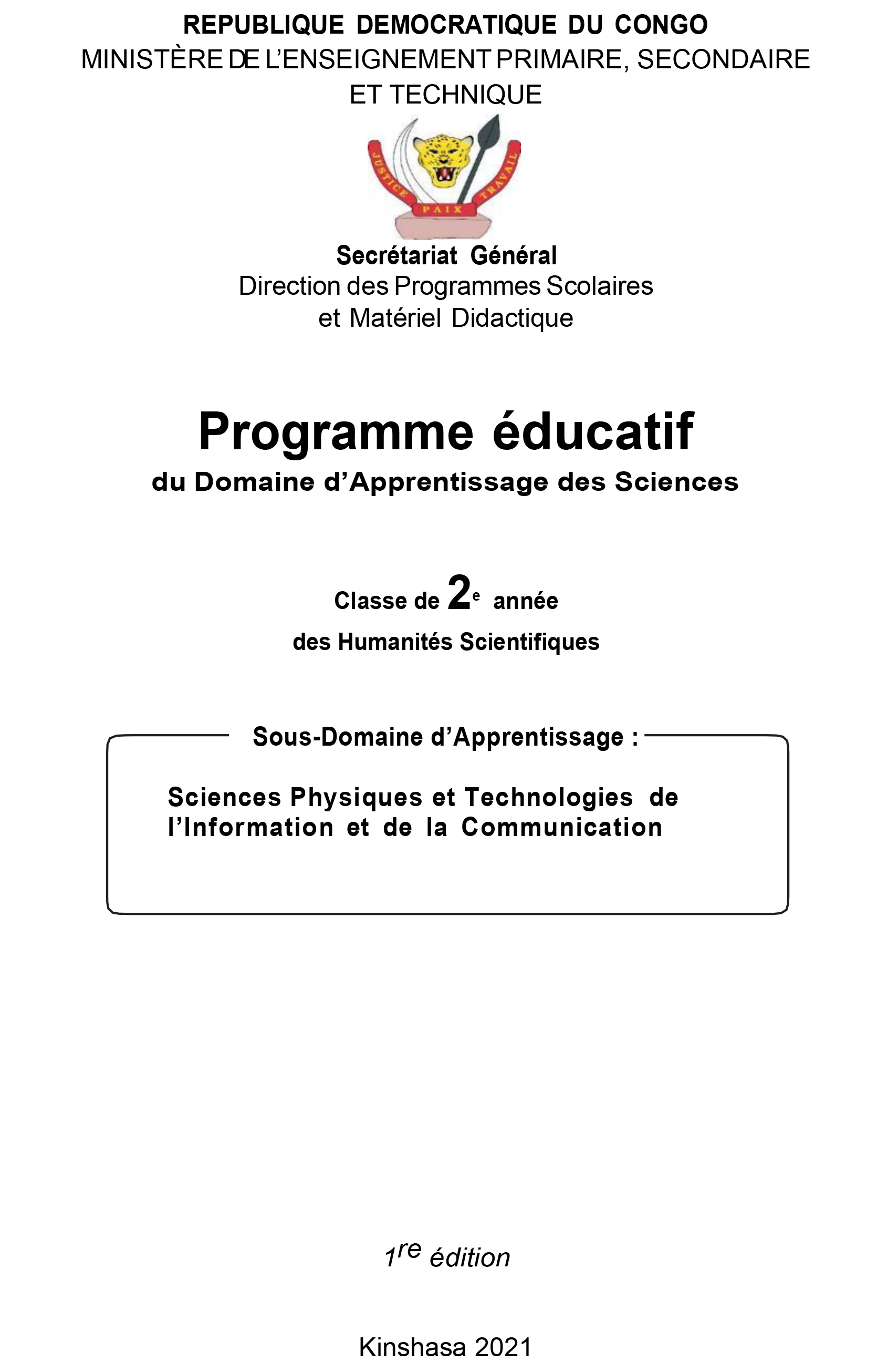 Programme éducatif du Domaine d’Apprentissage des Sciences : Sciences Physiques et Technologies de l’Information et de la Communication (Classe de 2ème année des Humanités Scientifiques)