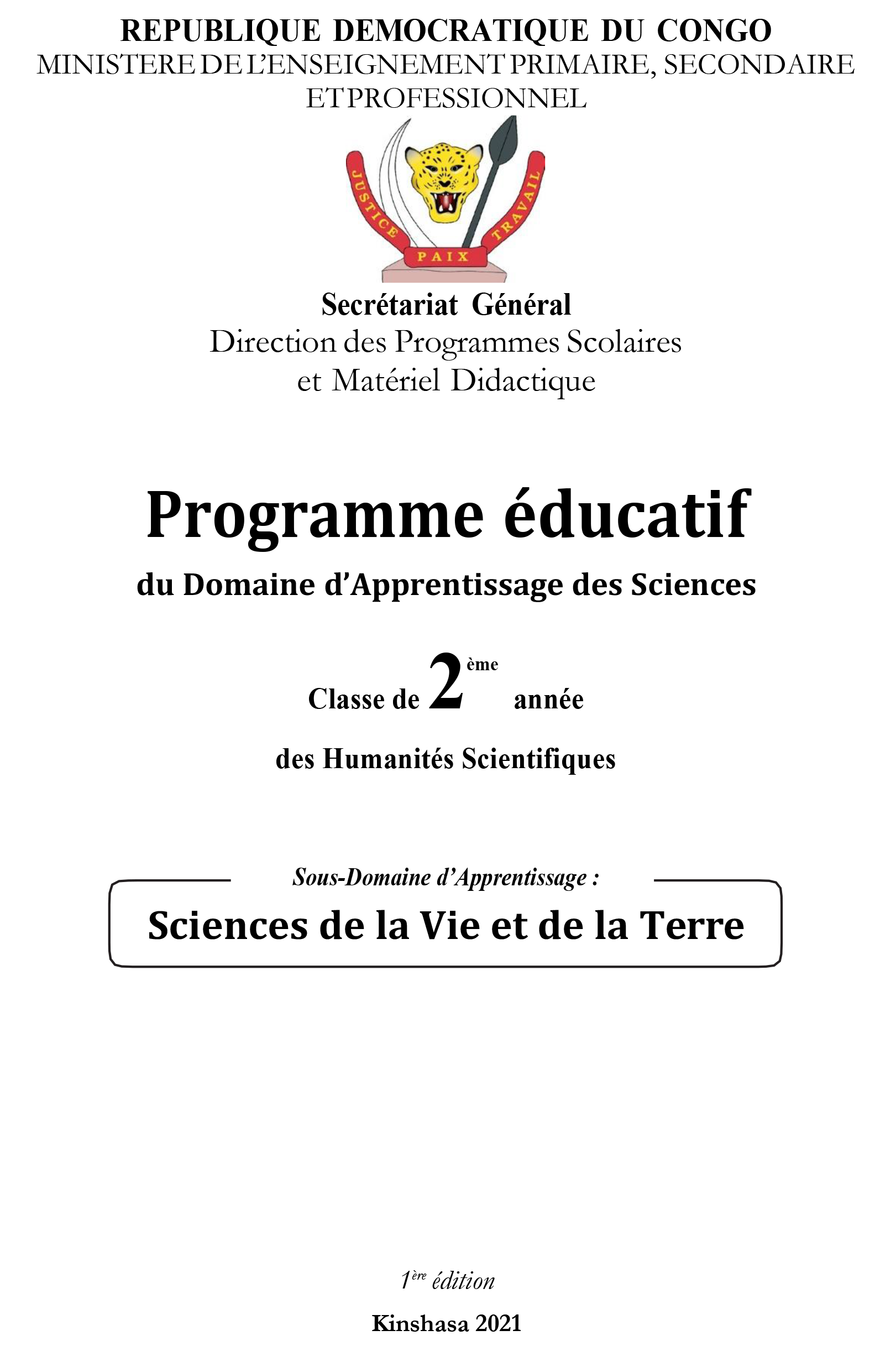 Programme éducatif du Domaine d’Apprentissage des Sciences : Sciences de la Vie et de la Terre (Classe de 2ème année des Humanités Scientifiques)