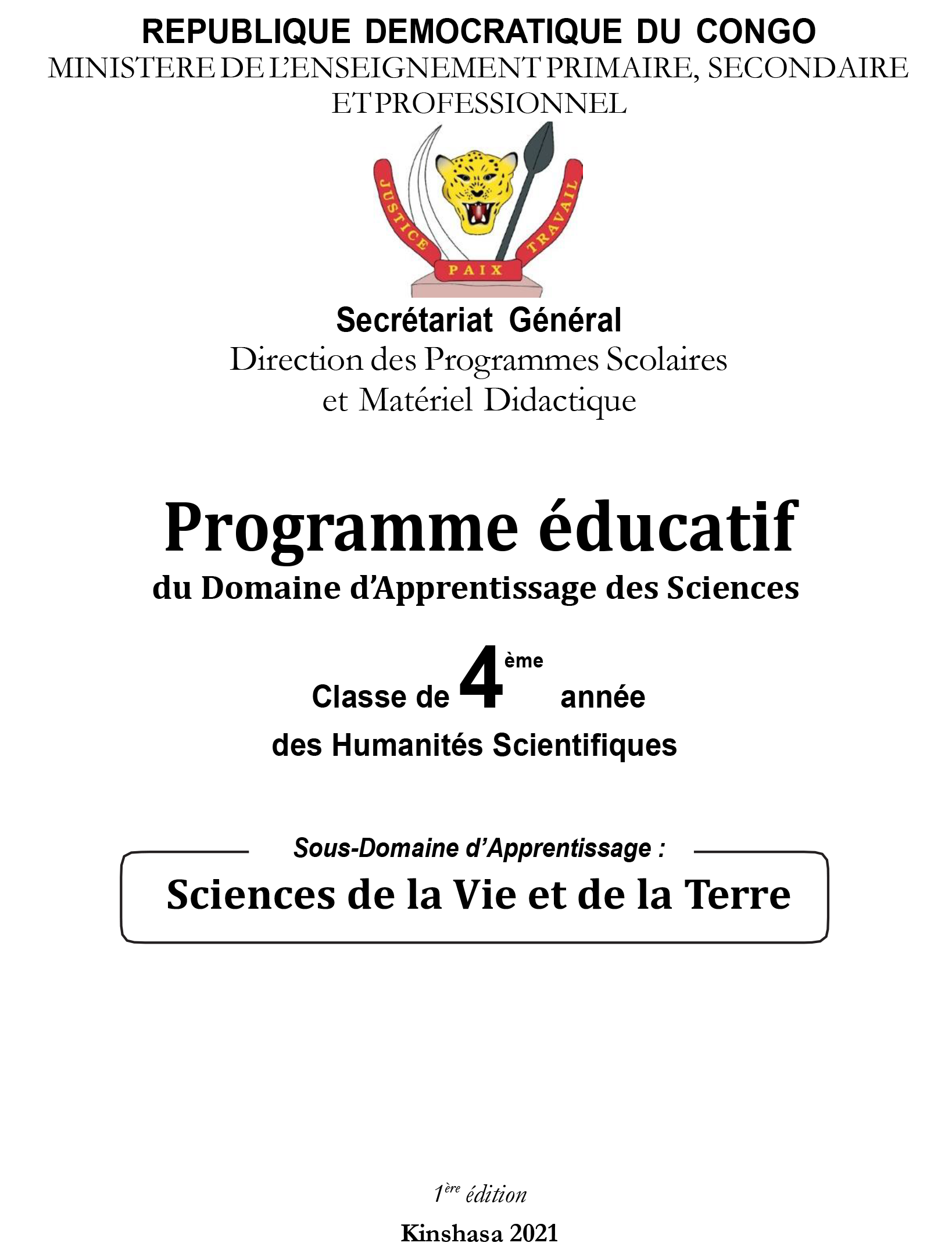 Programme éducatif du Domaine d’Apprentissage des Sciences : Sciences de la Vie et de la Terre (Classe de 4ème année des Humanités Scientifiques)