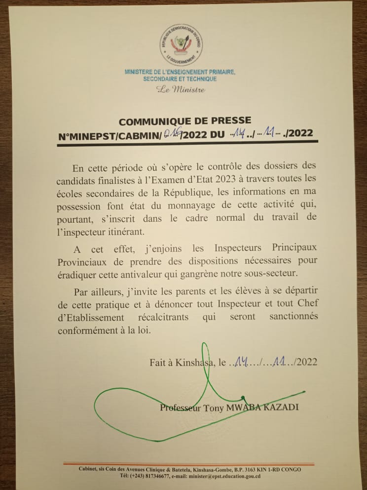Tony Mwaba interdit formellement le monnayage du contrôle des dossiers des candidats finalistes à l’Examen d’État 2023