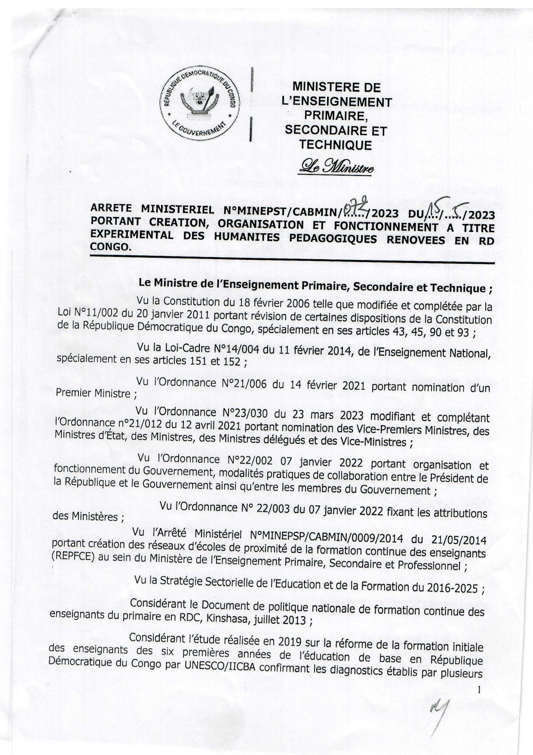 Arrêté de création des Humanités Pédagogiques Rénovées