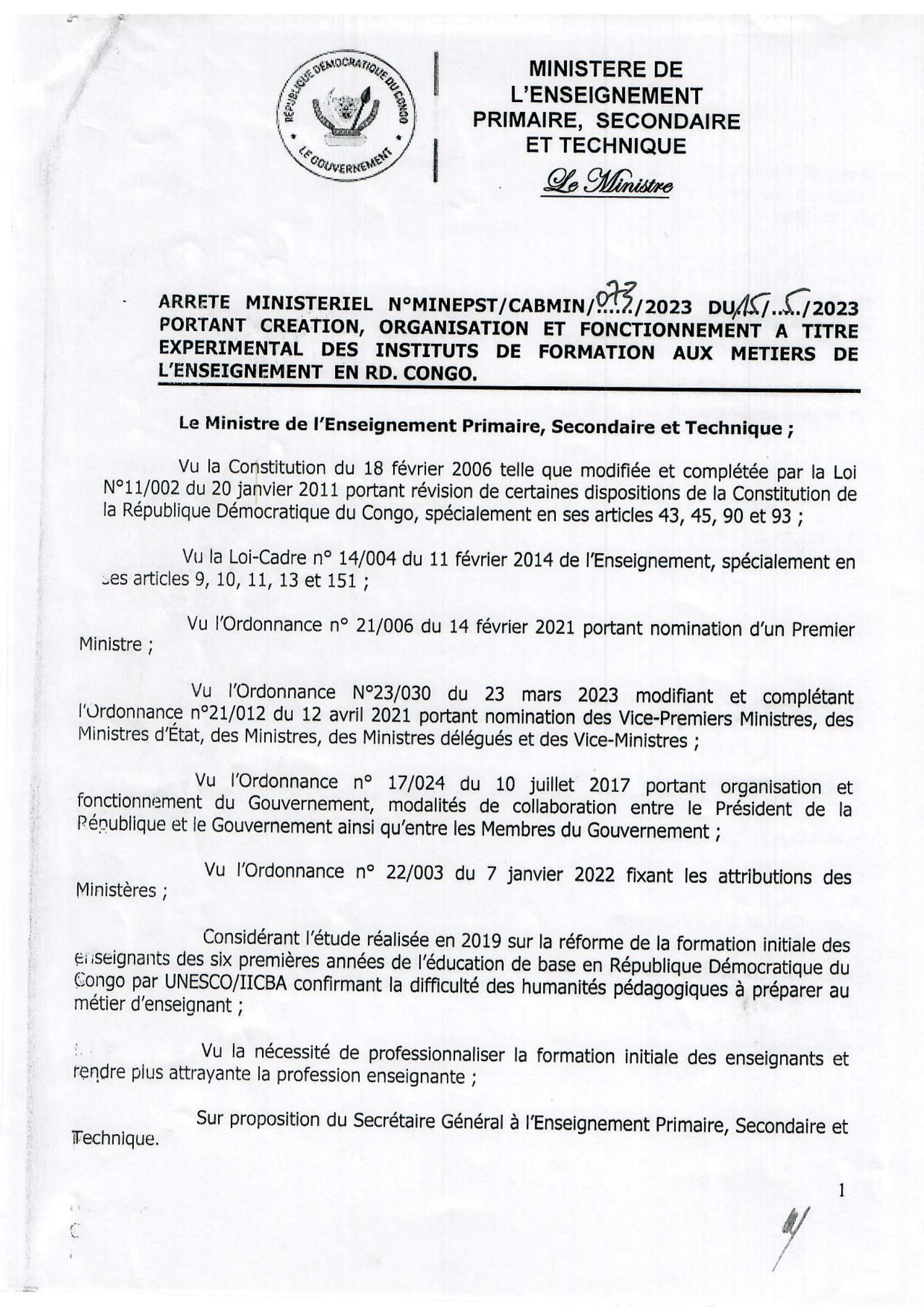 Arrêté de création des Instituts de Formation aux Métiers de l’Enseignement en RD Congo