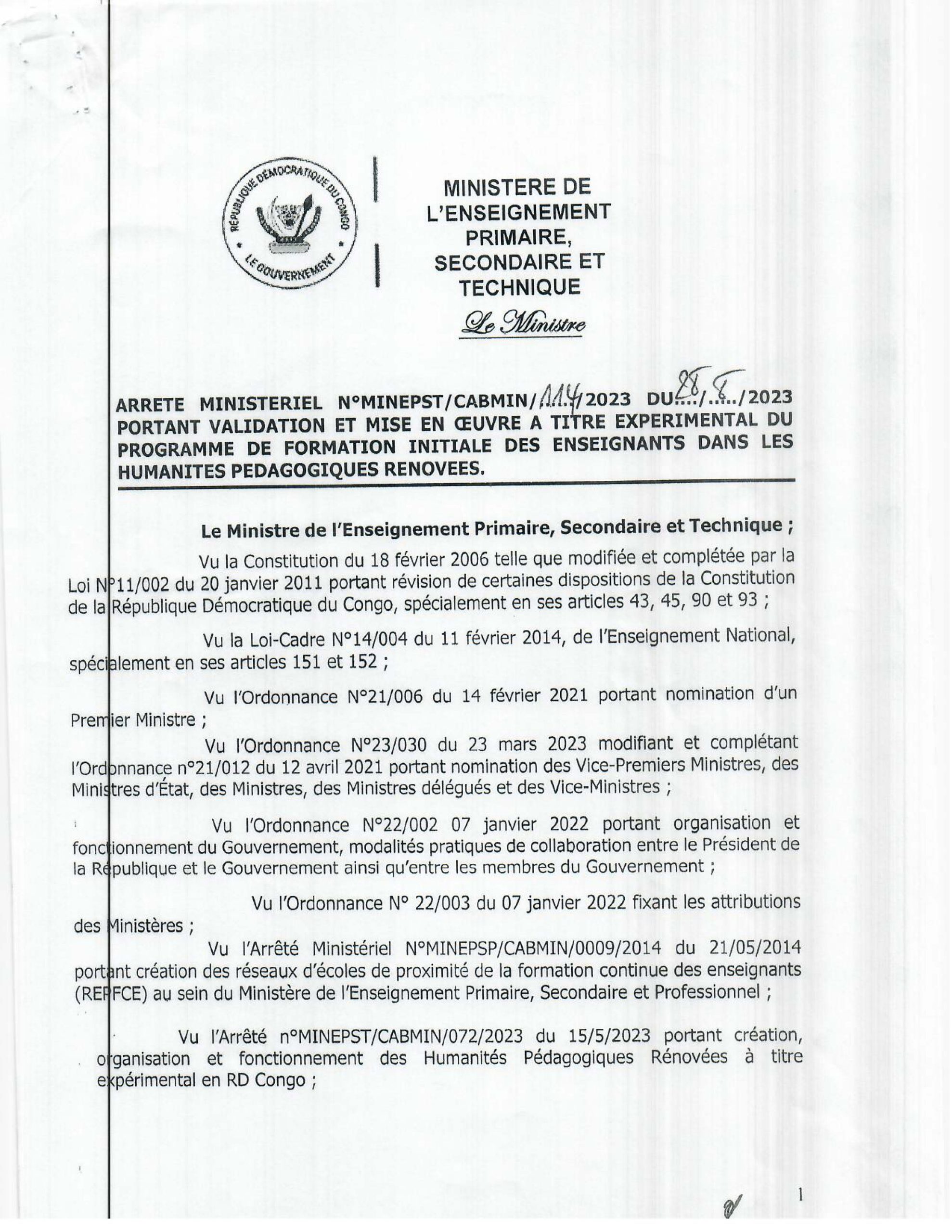 Arrêté de mise en œuvre des Humanités Pédagogiques Rénovées