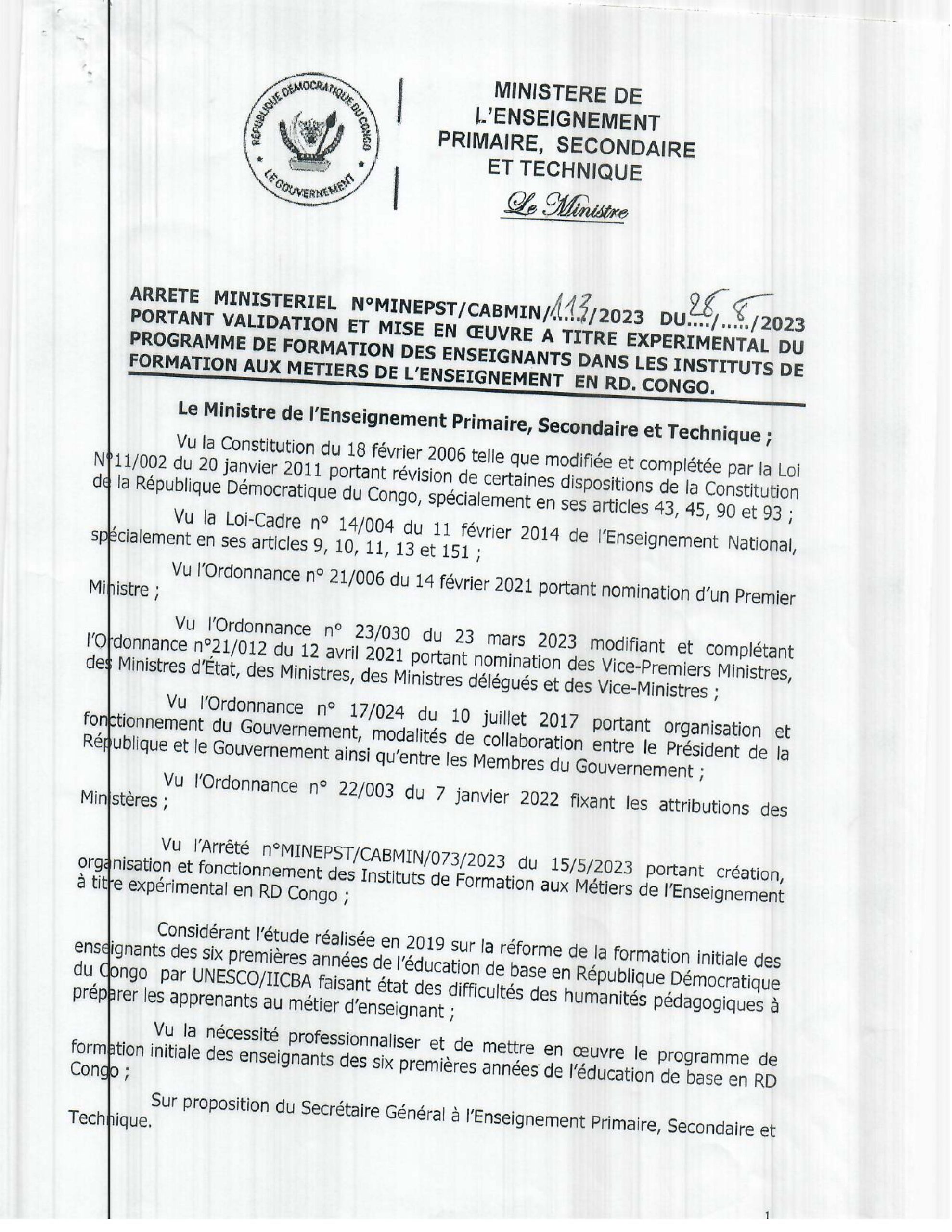 Arrêté de mise en œuvre des Instituts de Formation aux Métiers de l’Enseignement en RD Congo