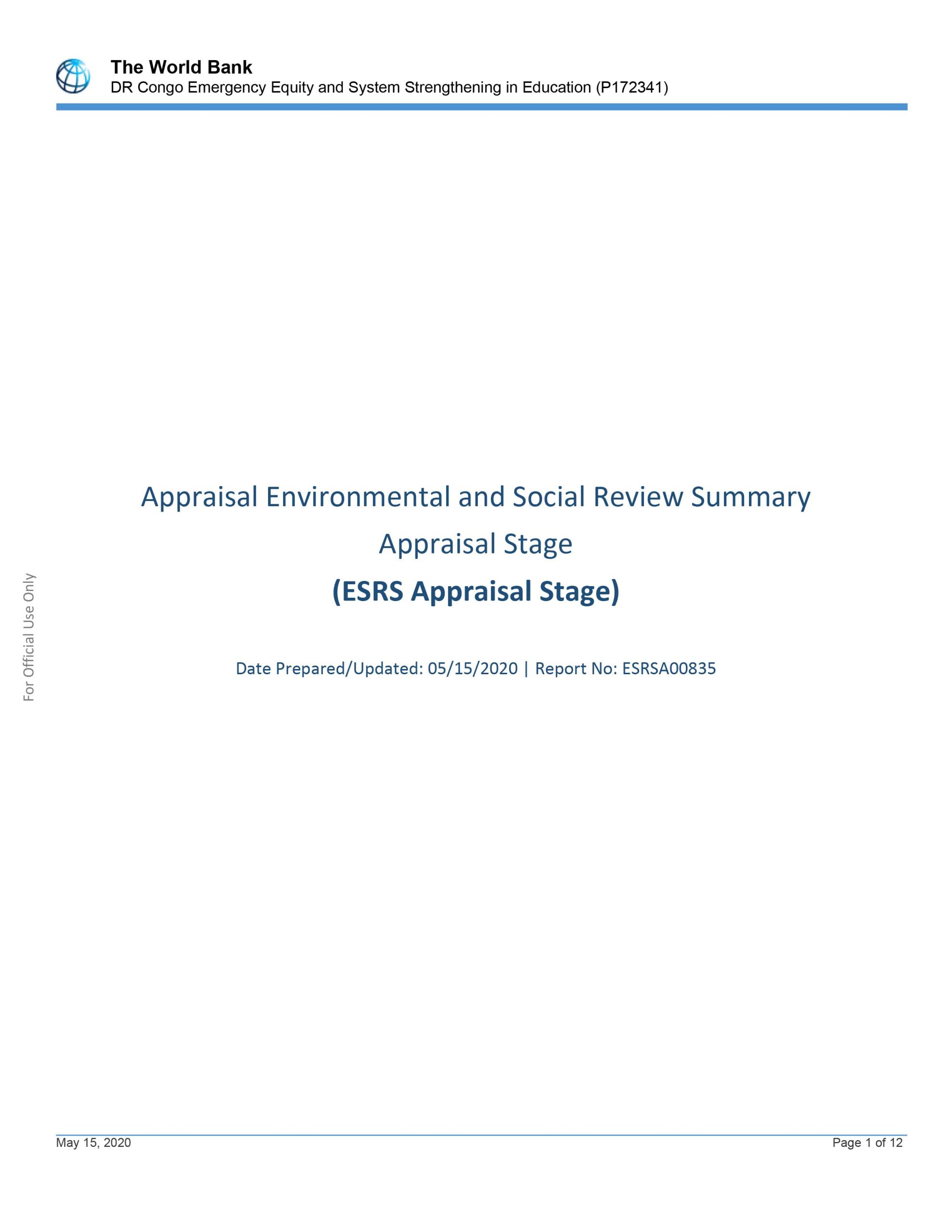 Appraisal Environmental and Social Review Summary Appraisal Stage (ESRS Appraisal Stage), 05152020
