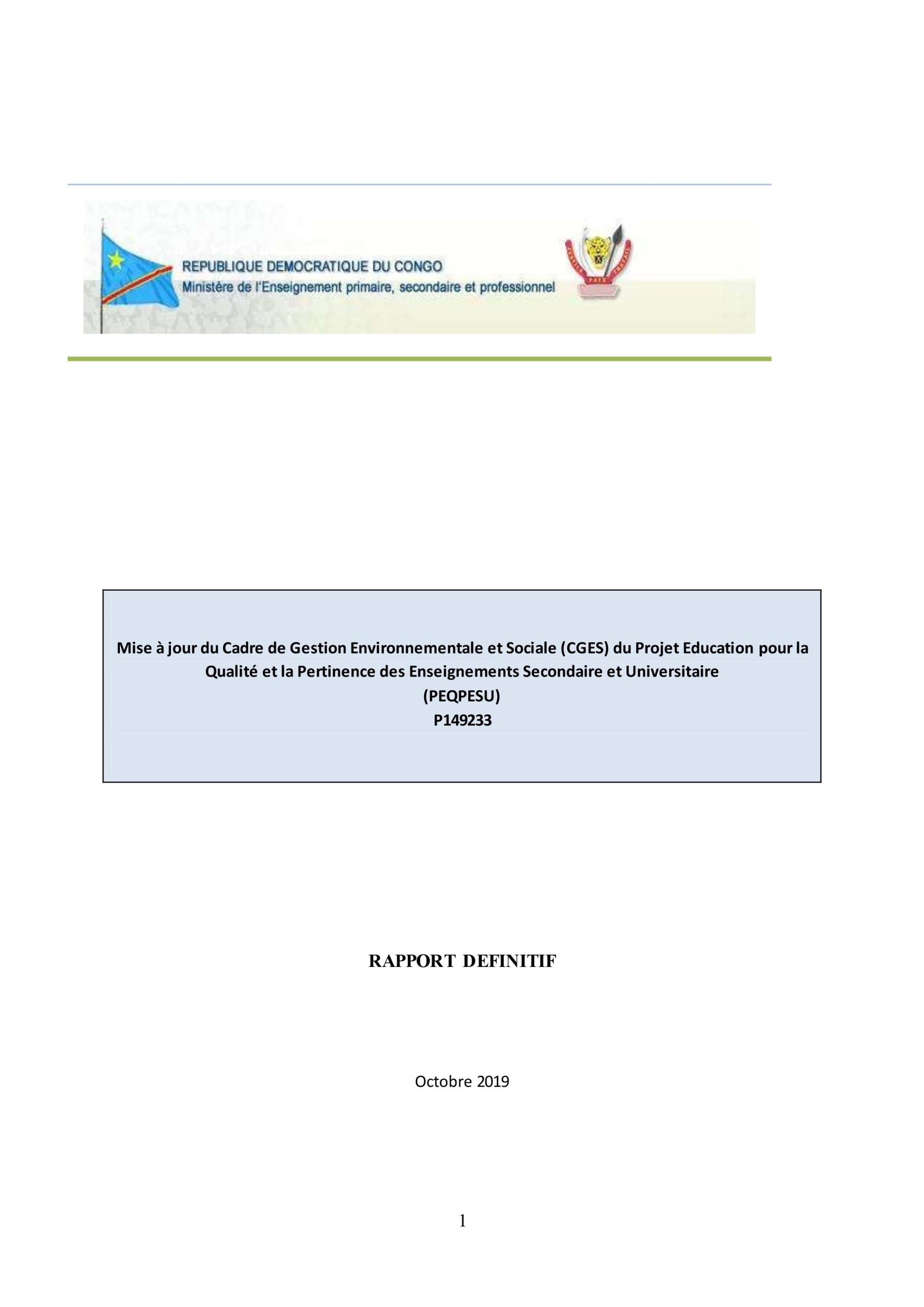 Cadre de Gestion Environnementale et Sociale (CGES) du Projet Education pour la Qualité et la Pertinence des Enseignements Secondaire