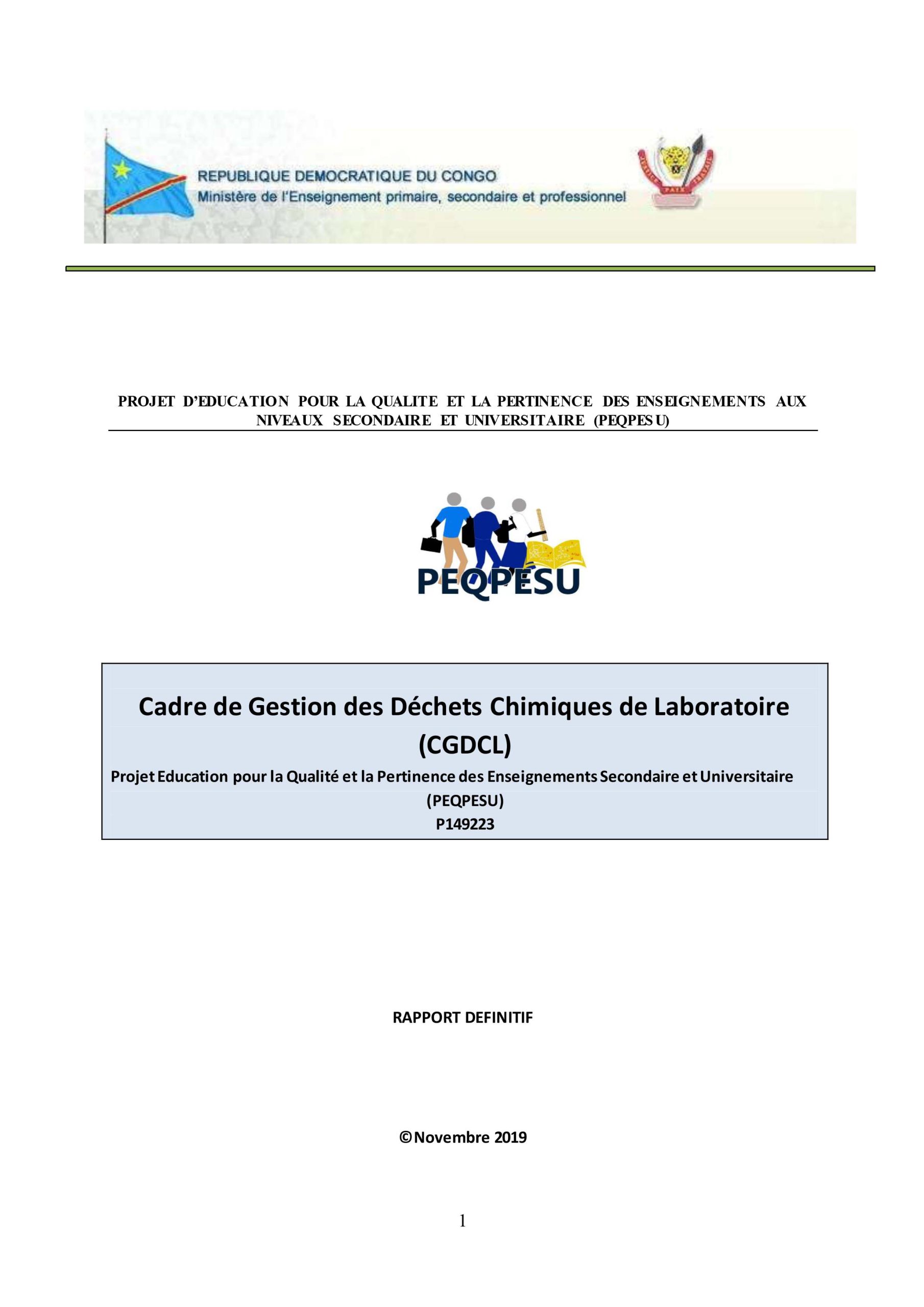 Cadre de Gestion des Déchets Chimiques de Laboratoire (CGDCL), PEQPESU