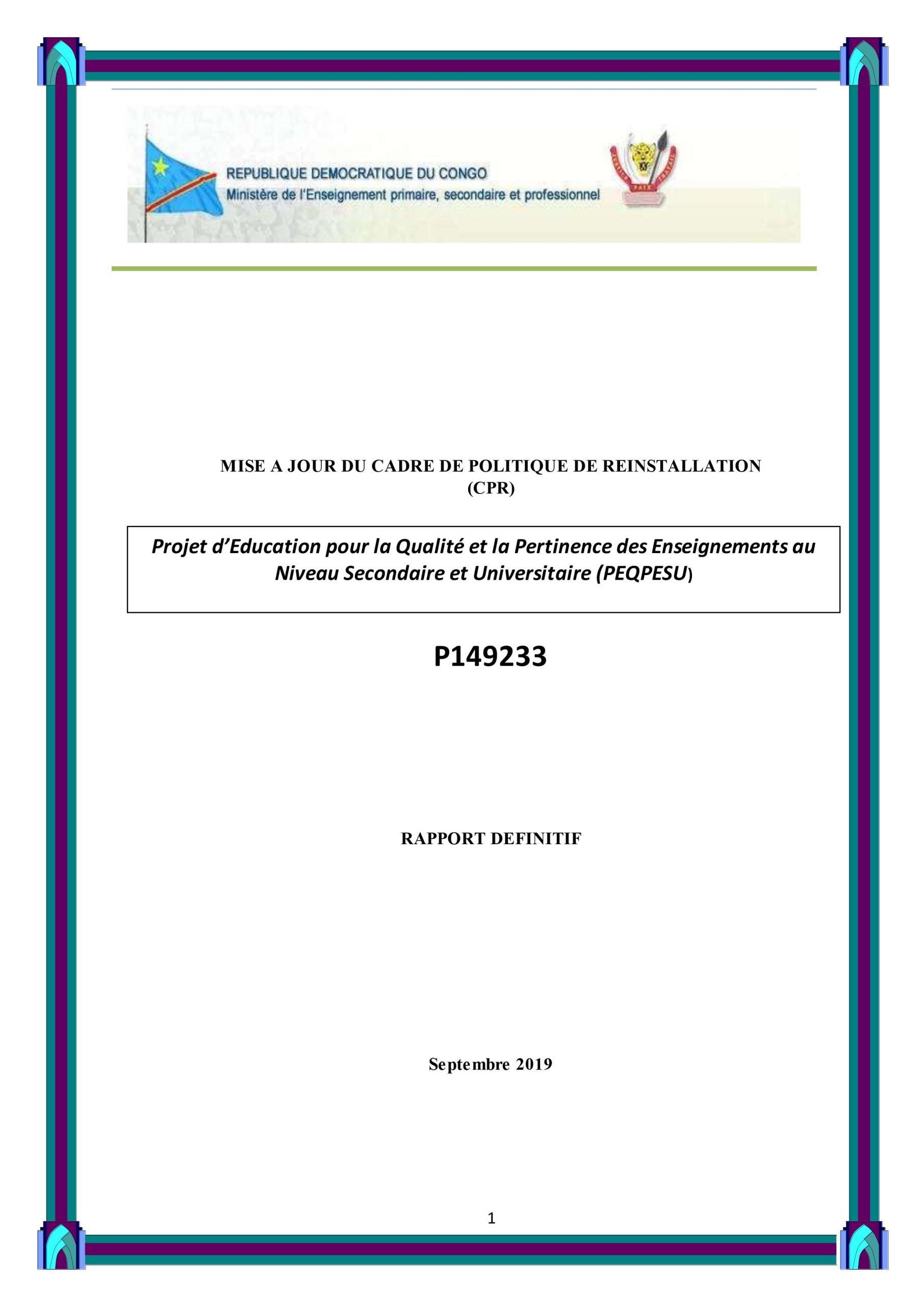 Cadre de politique de reinstallation (CPR), PEQPESU