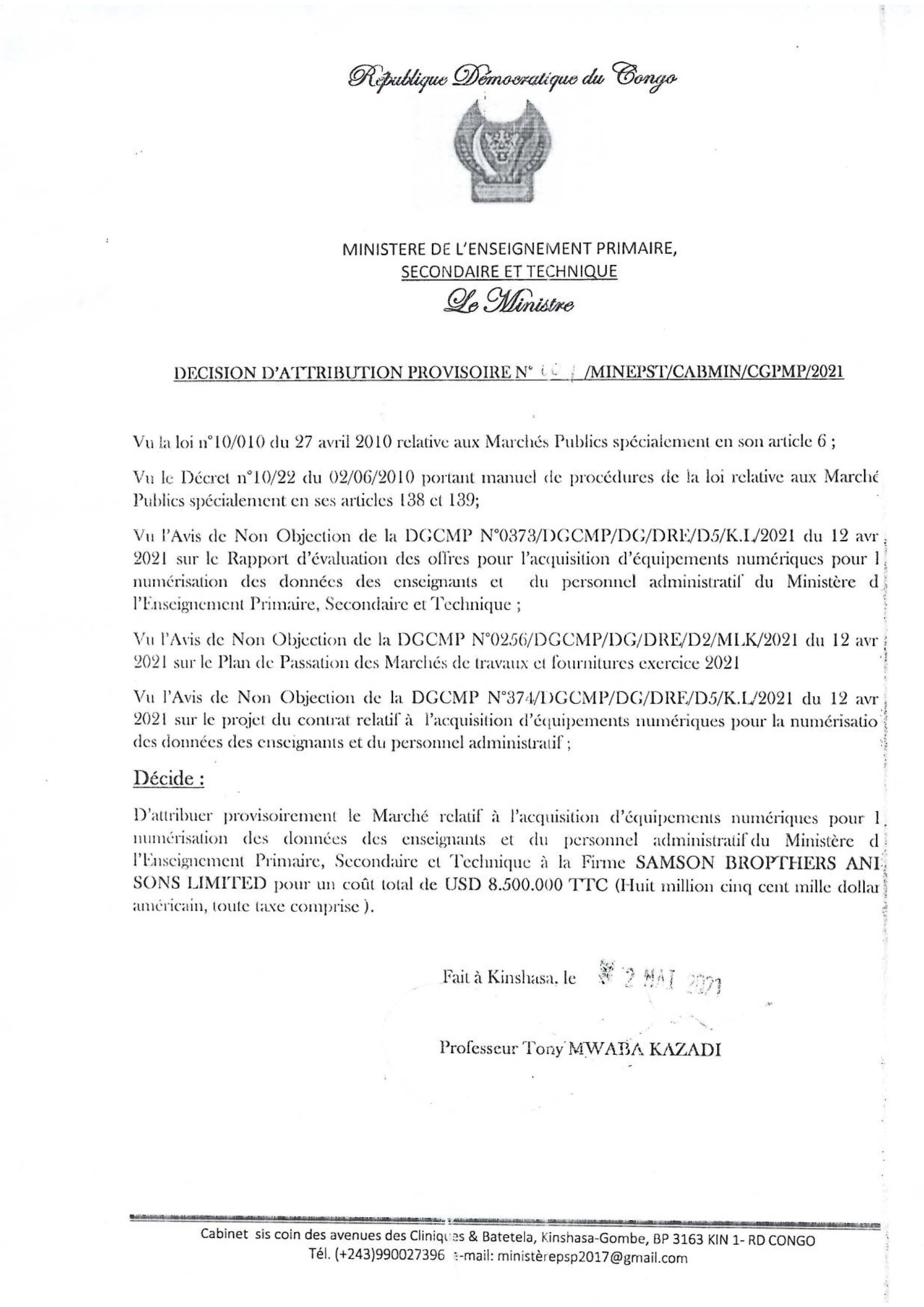 Décision attribution provisoire de marche public N° 001 (mai 2021)