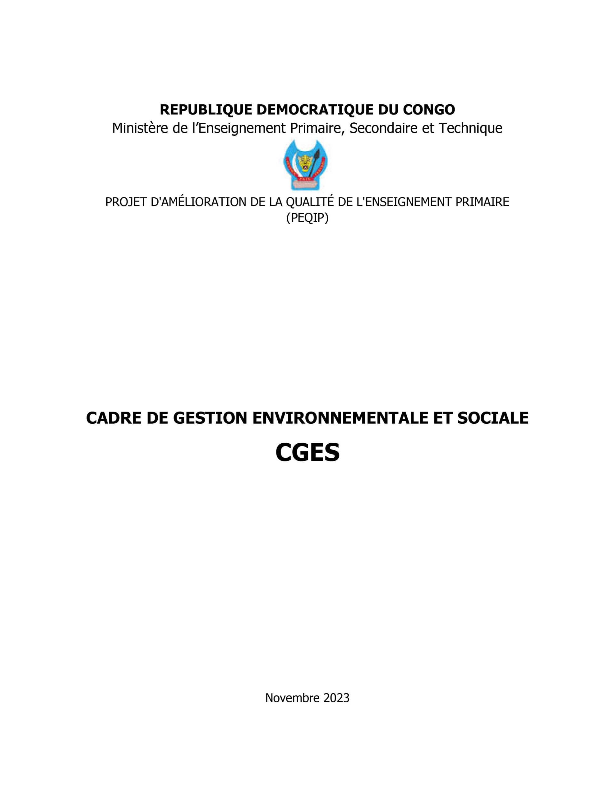 PEQIP – Cadre de Gestion Environnementale et Sociale (CGES)