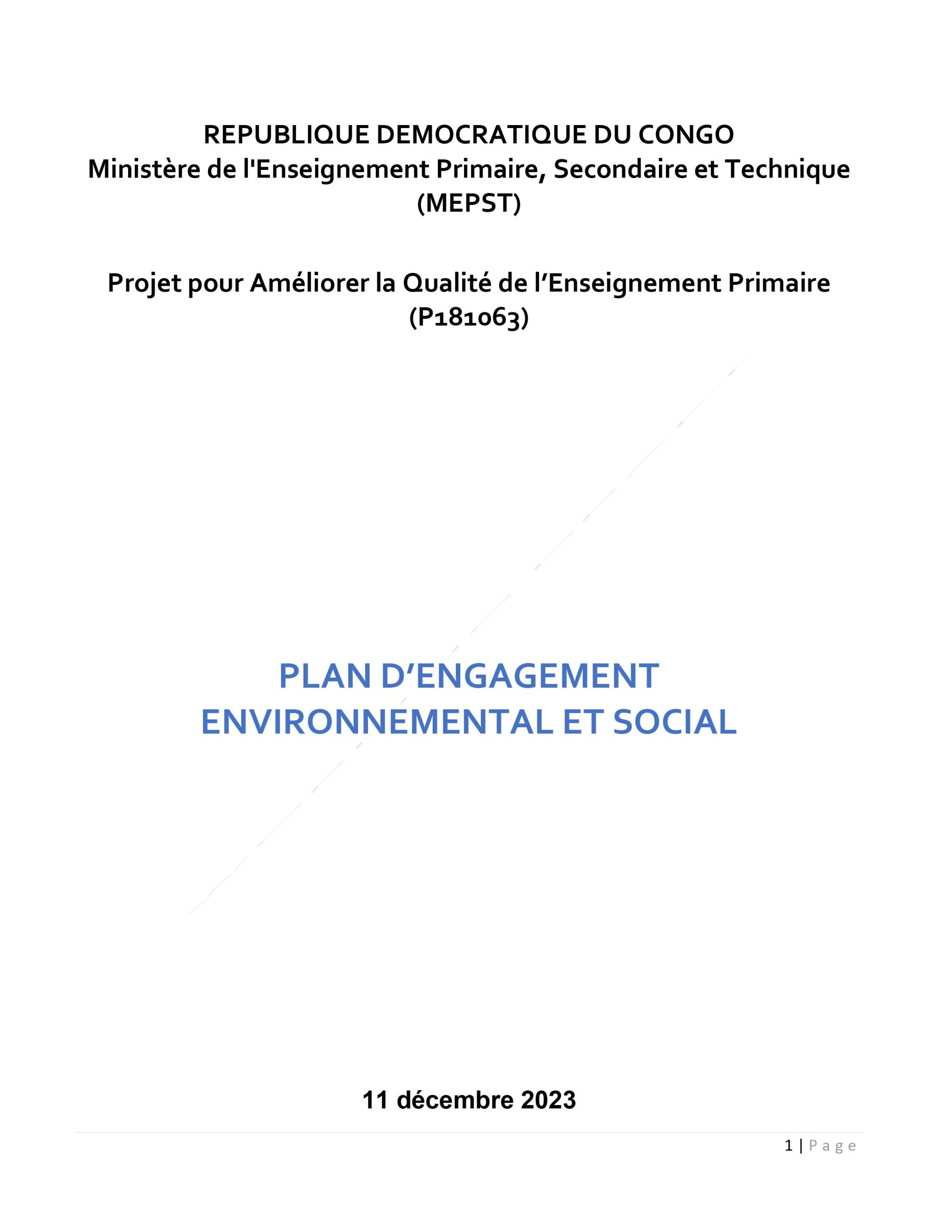PEQIP – Plan d’Engagement Environnemental et Social (PEES)