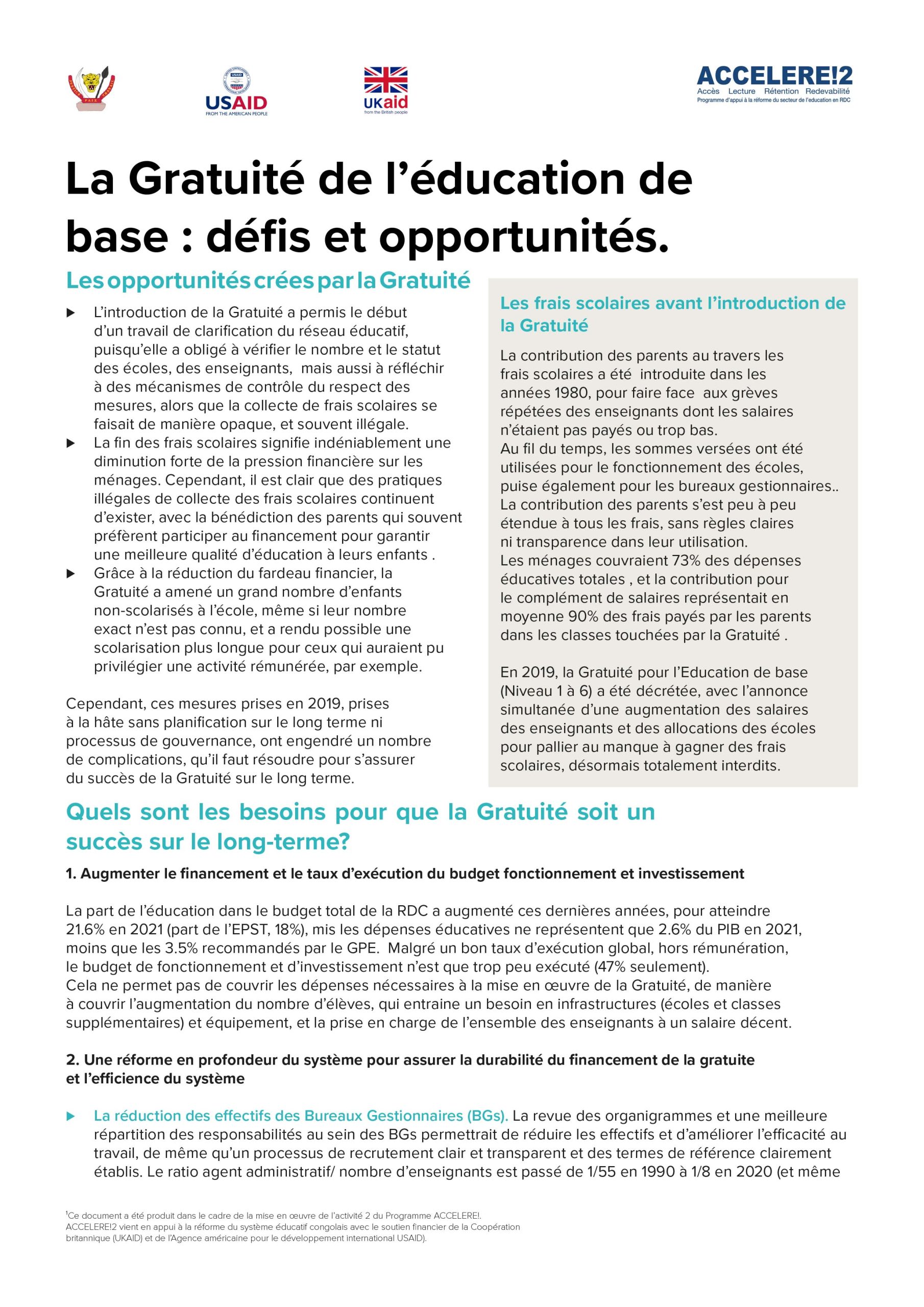 Policy Brief : La Gratuité de l’éducation de base défis et opportunités