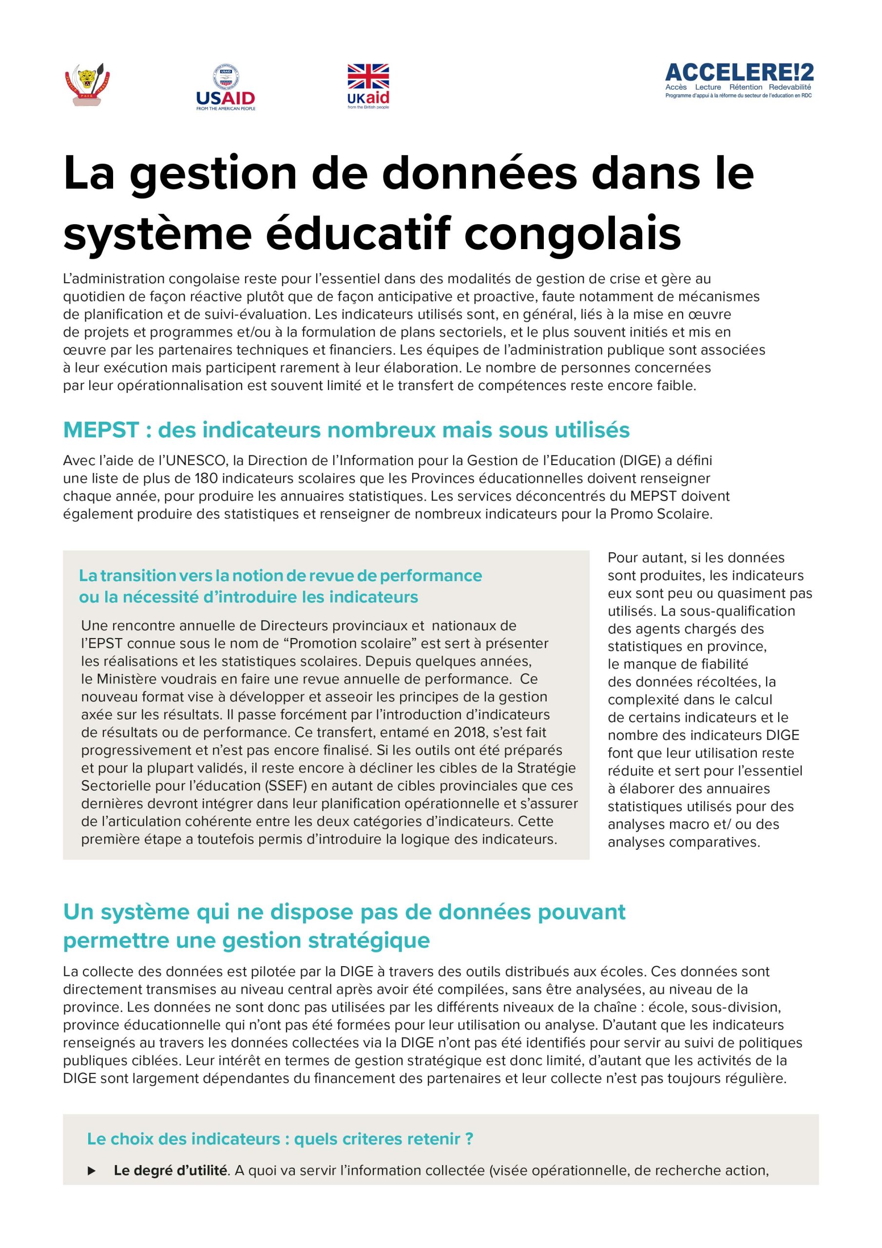 Policy Brief: La gestion de données dans le système éducatif congolais
