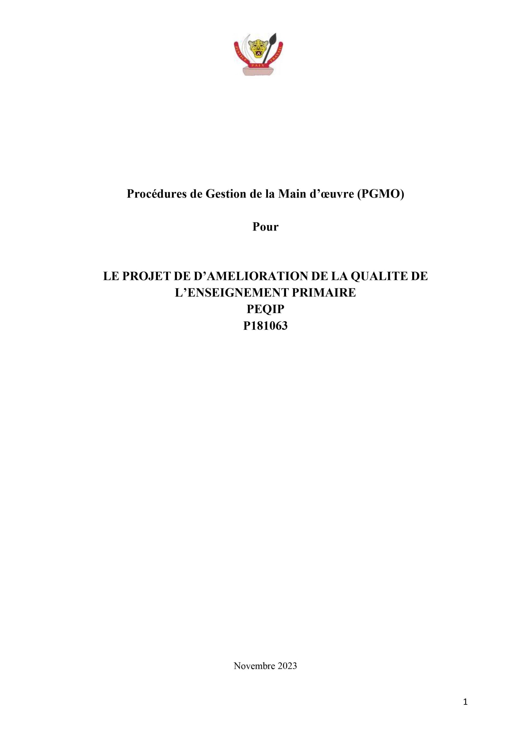 PEQIP – Procédures de Gestion de la Main d’œuvres